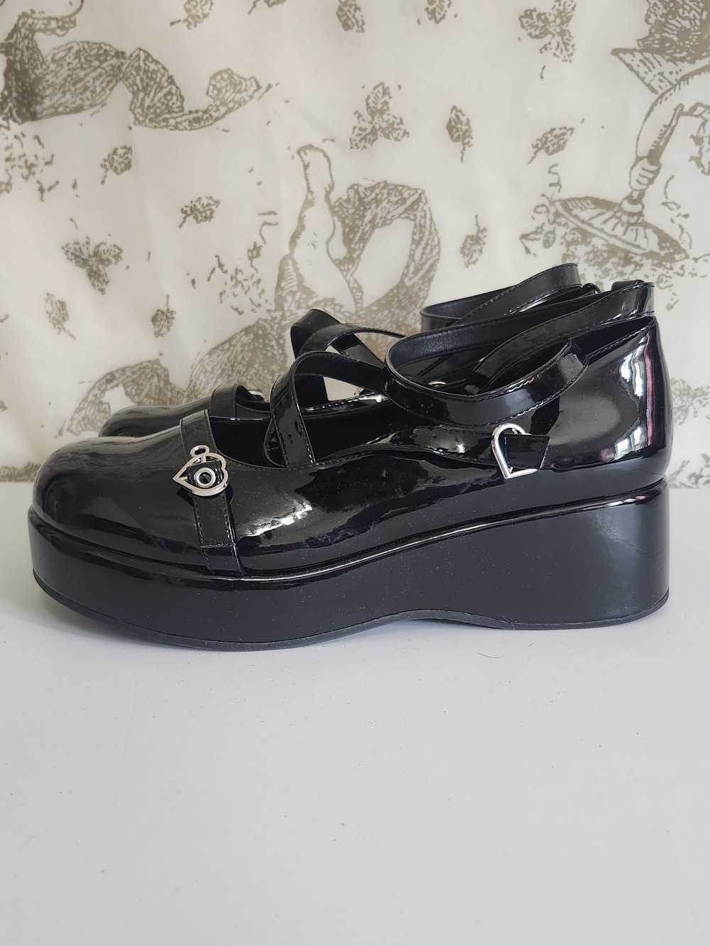 BYOMIGY Black Patent Platform Mary Janes with Heart Buckles – 10.5